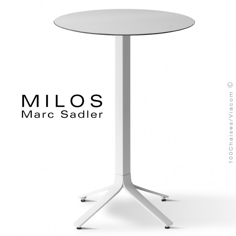 Table mange debout MILOS, plateau HPL 60 blanc, pied aluminium peint blanc.