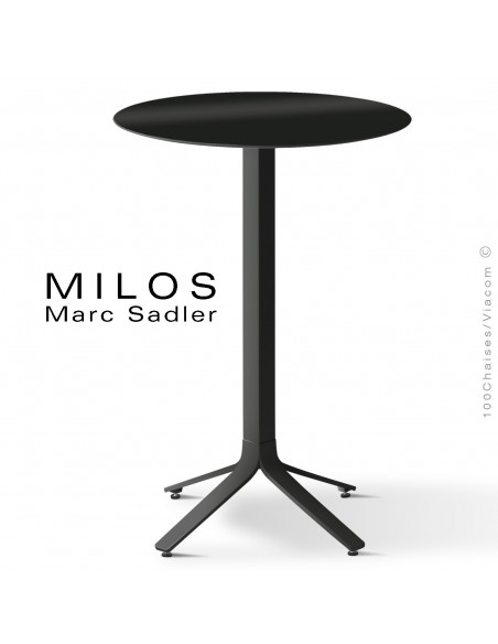 Table mange debout MILOS, plateau HPL 60 noir, pied aluminium peint noir.