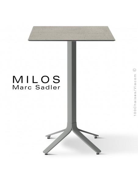 Table mange debout MILOS, plateau HPL 60x60 ciment, pied aluminium peint gris.
