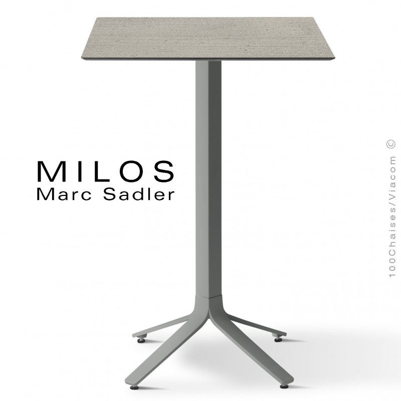 Table mange debout MILOS, plateau HPL 60x60 ciment, pied aluminium peint gris.