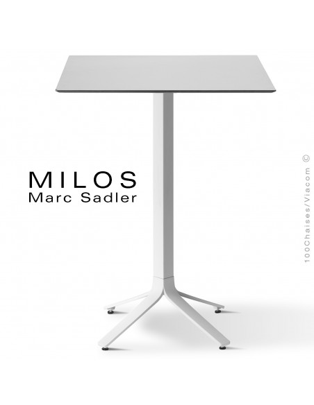 Table mange debout MILOS, plateau HPL 70x70 blanc, pied aluminium peint blanc.