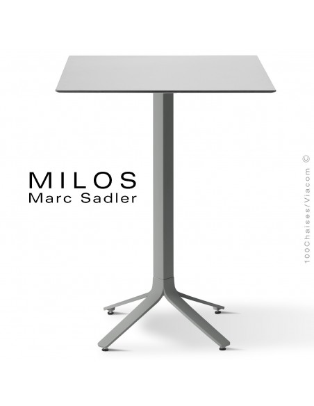 Table mange debout MILOS, plateau HPL 70x70 blanc, pied aluminium peint gris.