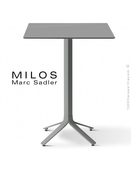 Table mange debout MILOS, plateau HPL 70x70 gris, pied aluminium peint gris.