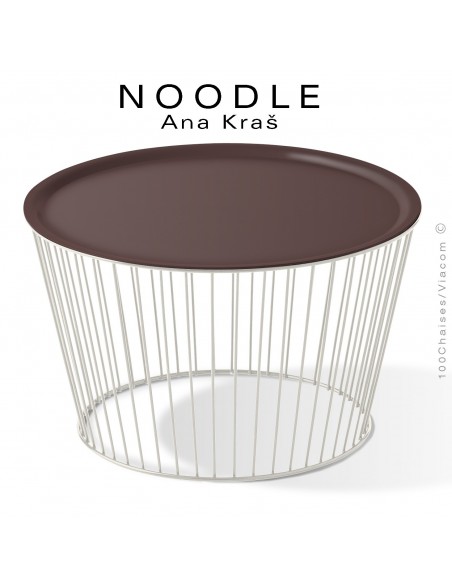 Table basse NOODLE, pied blanc pur, plateau brun en acier peint.