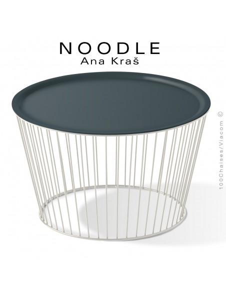 Table basse NOODLE, pied blanc pur, plateau gris anthracite en acier peint.