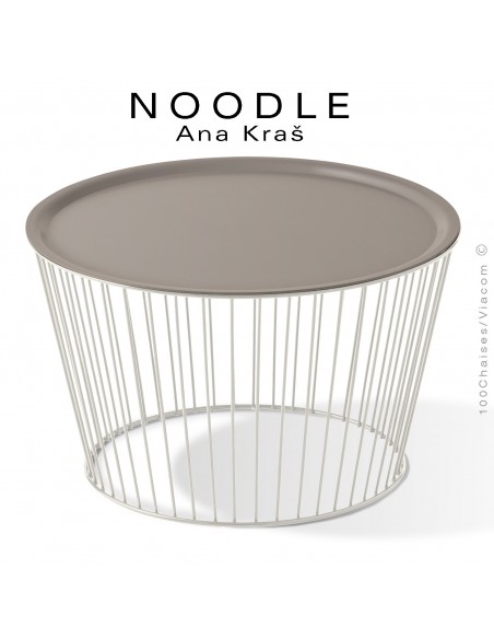 Table basse NOODLE, pied blanc pur, plateau Gris tourterelle en acier peint.