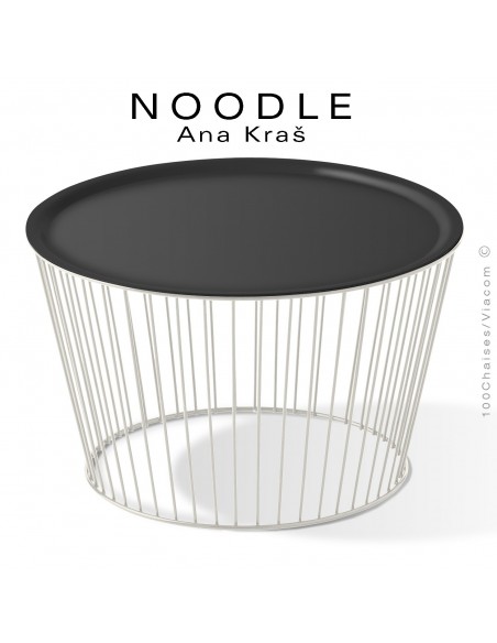 Table basse NOODLE, pied blanc pur, plateau noir en acier peint.