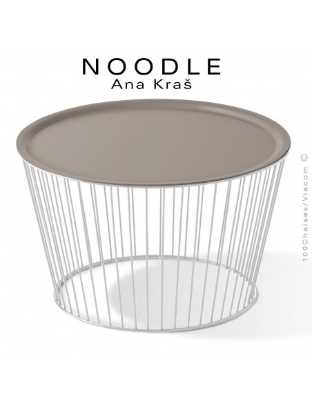 Table basse NOODLE, pied blanc signalisation, plateau gris tourterelle en acier peint.