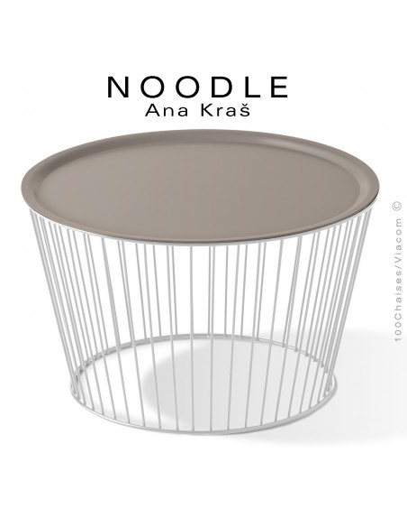 Table basse NOODLE, pied blanc signalisation, plateau gris tourterelle en acier peint.