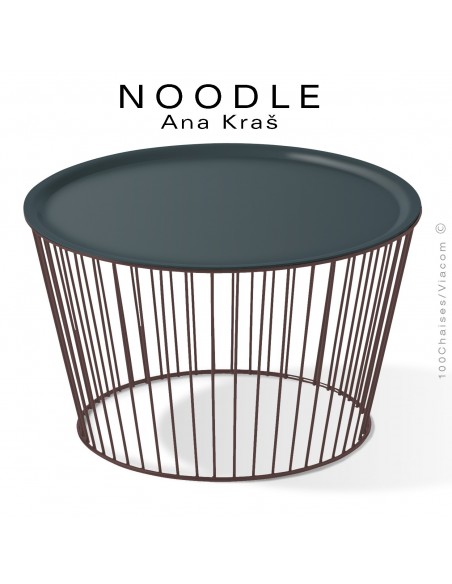 Table basse NOODLE, pied brun, plateau gris anthracite en acier peint.