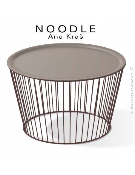 Table basse NOODLE, pied brun, plateau gris tourterelle en acier peint.