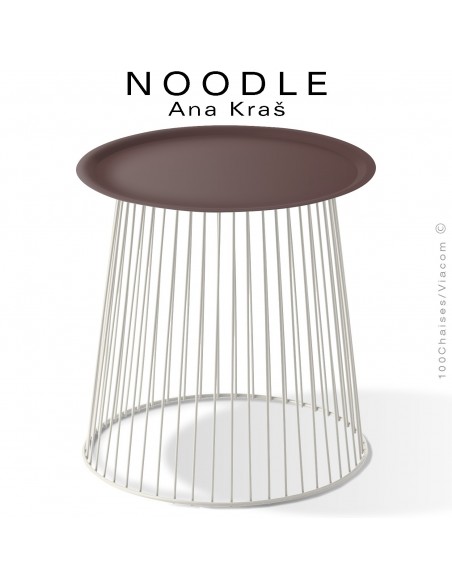 Table basse NOODLE, pied blanc pur et plateau brun en acier peint.