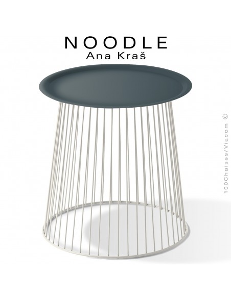 Table basse NOODLE, pied blanc pur et plateau gris anthracite en acier peint.