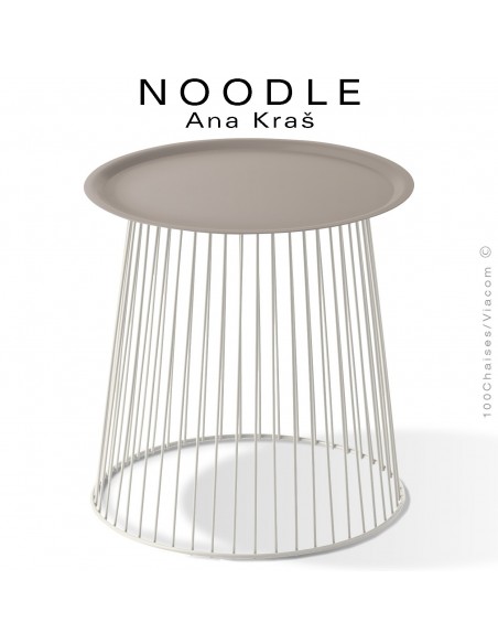 Table basse NOODLE, pied blanc pur et plateau gris tourterelle en acier peint.