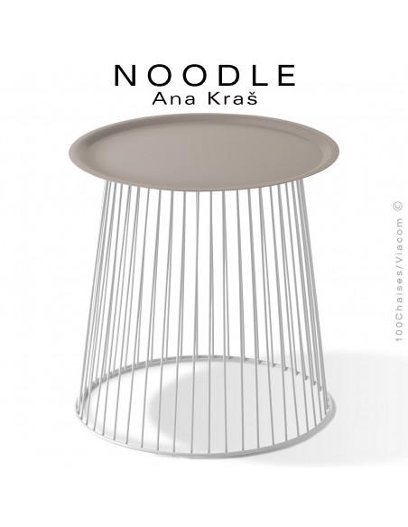 Table basse NOODLE, pied blanc signalisation et plateau gris tourterelle en acier peint.