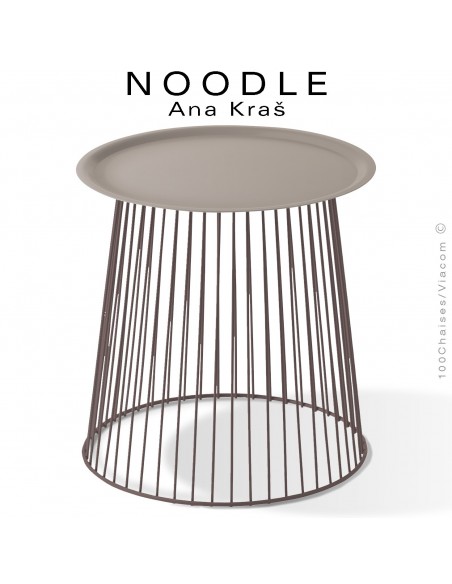 Table basse NOODLE, pied brun et plateau gris tourterelle en acier peint.