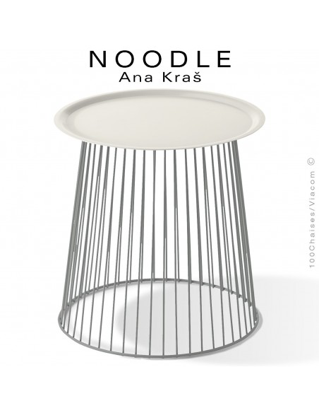 Table basse NOODLE, pied gris poussière et plateau blanc pur en acier peint.