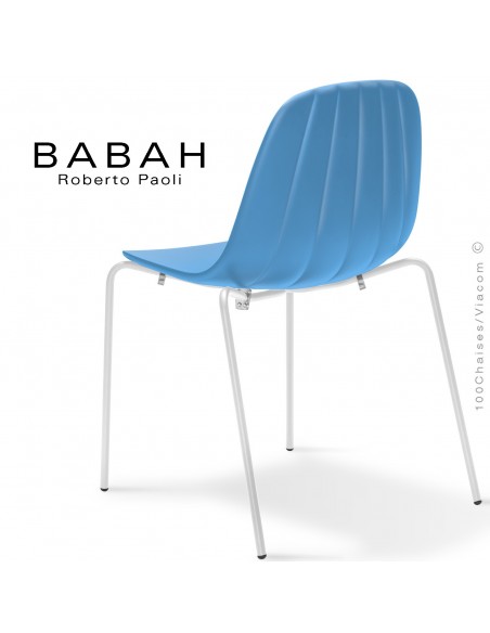 Chaise BABAH,structure 4 pieds peint blanc, assise plastique blue sky.