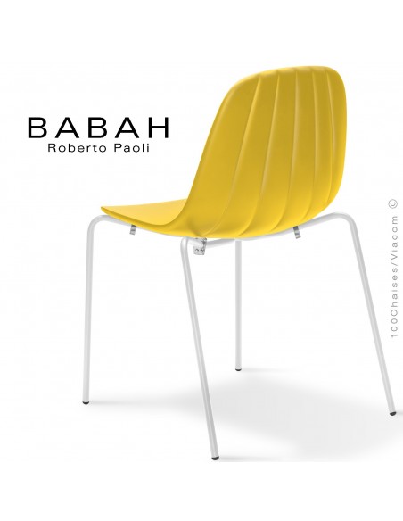 Chaise BABAH,structure 4 pieds peint blanc, assise plastique yellow.