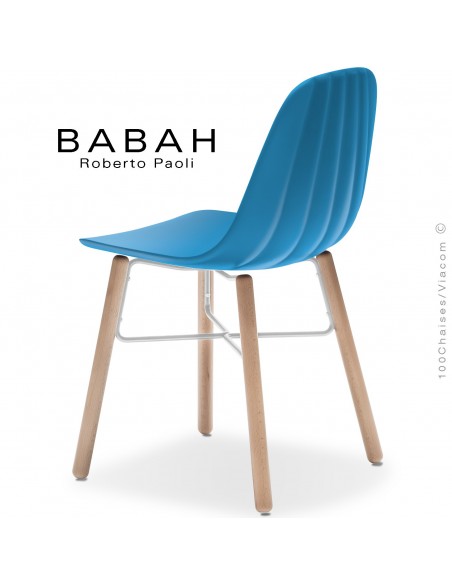 Chaise BABAH, pieds bois hêtre, structure peint blanc, assise plastique bleu.