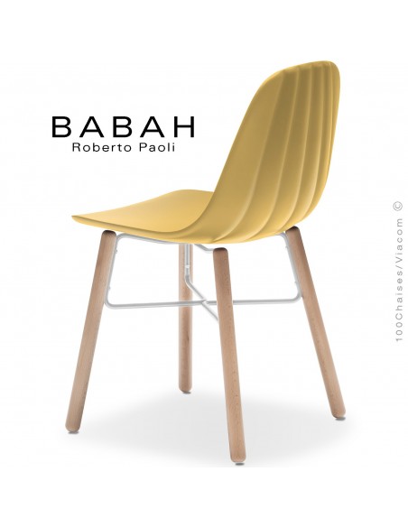 Chaise BABAH, pieds bois hêtre, structure peint blanc, assise plastique jaune.