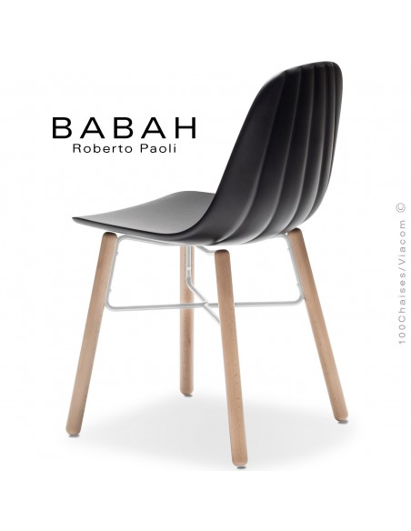 Chaise BABAH, pieds bois hêtre, structure peint blanc, assise plastique noir.