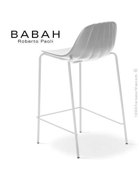 Tabouret de cuisine BABAH 65, pieds acier blanc, assise plastique blanc.