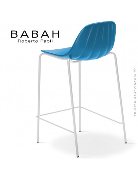 Tabouret de cuisine BABAH 65, pieds acier blanc, assise plastique bleu.