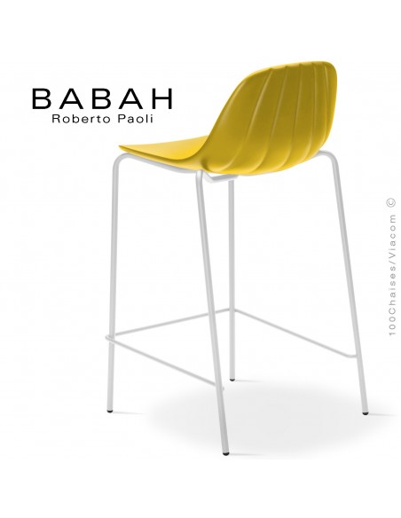 Tabouret de cuisine BABAH 65, pieds acier blanc, assise plastique jaune.