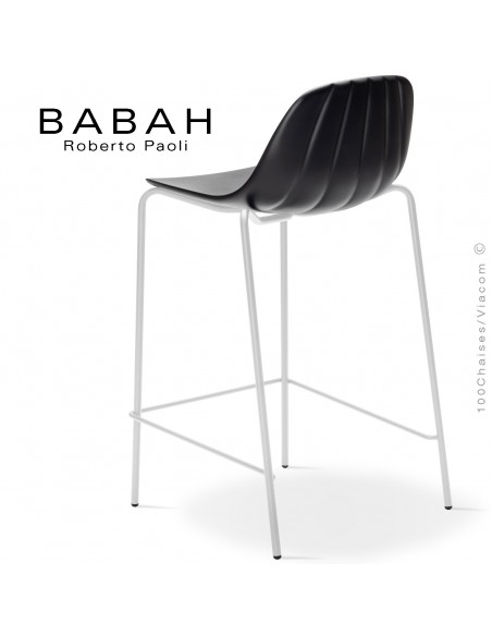 Tabouret de cuisine BABAH 65, pieds acier blanc, assise plastique noir.