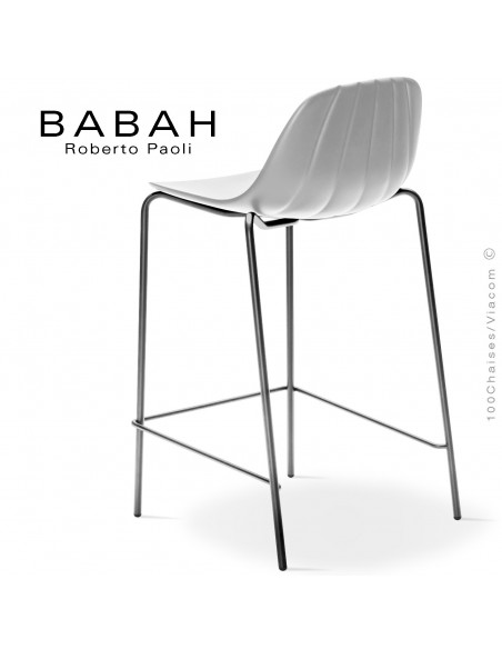 Tabouret de cuisine BABAH 65, pieds acier chrome, assise plastique blanc.