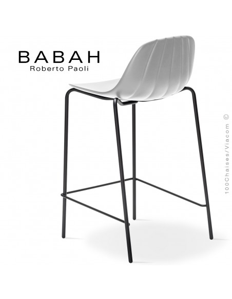 Tabouret de cuisine BABAH 65, pieds acier noir, assise plastique blanc.