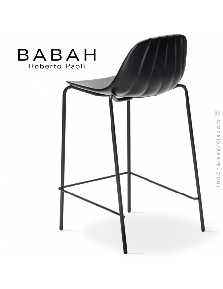 Tabouret de cuisine BABAH 65, pieds acier noir, assise plastique noir.