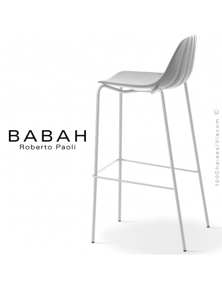 Tabouret de bar BABAH 80, pieds acier blanc, assise plastique blanc.