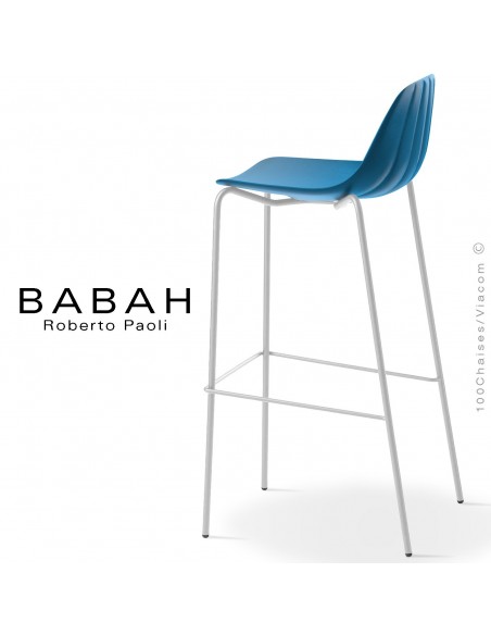 Tabouret de bar BABAH 80, pieds acier blanc, assise plastique bleu.