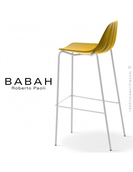 Tabouret de bar BABAH 80, pieds acier blanc, assise plastique jaune.