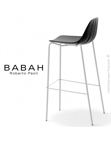 Tabouret de bar BABAH 80, pieds acier blanc, assise plastique noir.