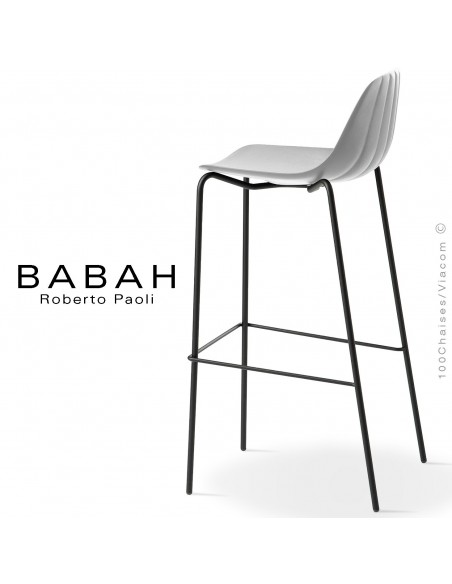 Tabouret de bar BABAH 80, pieds acier noir, assise plastique blanc.