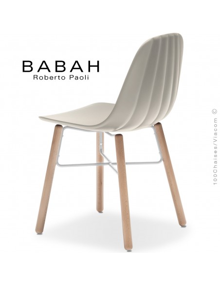 Chaise BABAH, pieds bois hêtre, structure peint blanc, assise plastique crème.