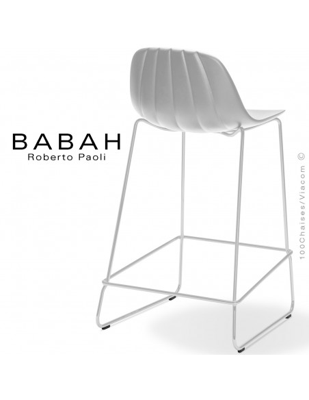 Tabouret de cuisine BABAH 65, pieds luge acier blanc, assise plastique blanc.