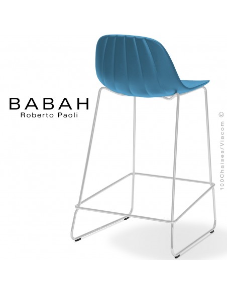 Tabouret de cuisine BABAH 65, pieds luge acier blanc, assise plastique bleu.