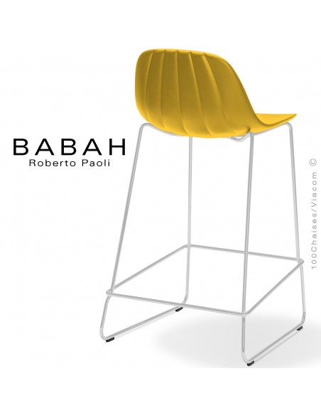 Tabouret de cuisine BABAH 65, pieds luge acier blanc, assise plastique jaune.