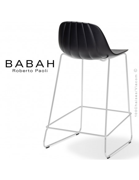 Tabouret de cuisine BABAH 65, pieds luge acier blanc, assise plastique noir.