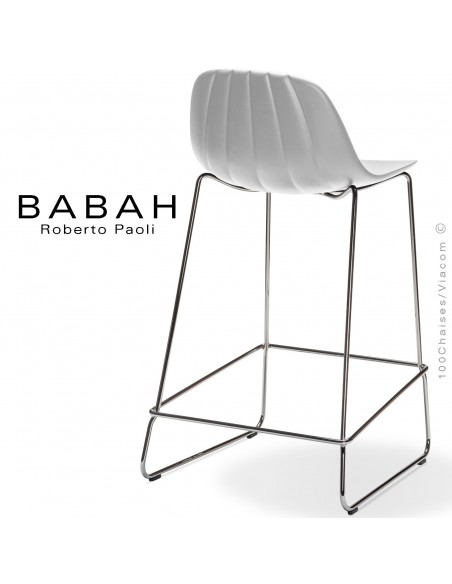 Tabouret de cuisine BABAH 65, pieds luge acier chrome, assise plastique blanc.