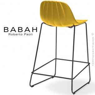 Tabouret de cuisine BABAH 65, pieds luge acier noir, assise plastique jaune.