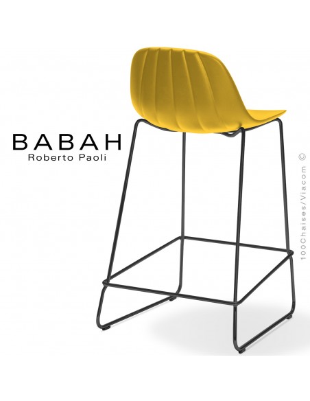 Tabouret de cuisine BABAH 65, pieds luge acier noir, assise plastique jaune.