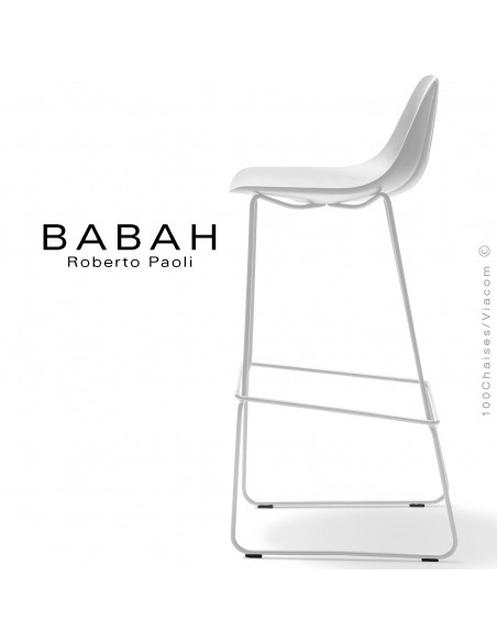 Tabouret de bar BABAH 80, pieds luge acier blanc, assise plastique blanc.