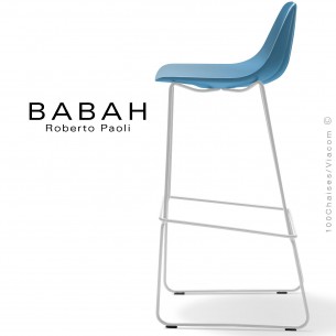 Tabouret de bar BABAH 80, pieds luge acier blanc, assise plastique bleu.