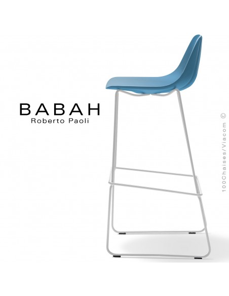 Tabouret de bar BABAH 80, pieds luge acier blanc, assise plastique bleu.