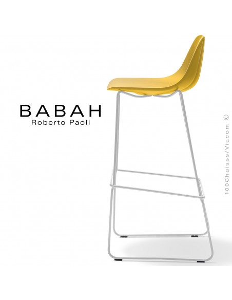 Tabouret de bar BABAH 80, pieds luge acier blanc, assise plastique jaune.